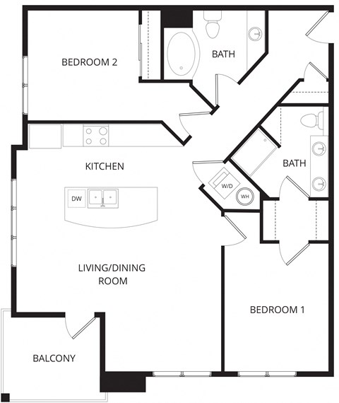 Floor plan for 2 beds, 2 baths, 1145 sqft